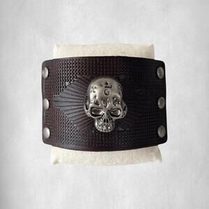 Dark Brown Vintage Skull Leather Men Bracelet